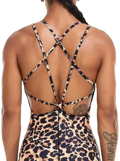 Leopard Backless Yoga Bodysuit for Women